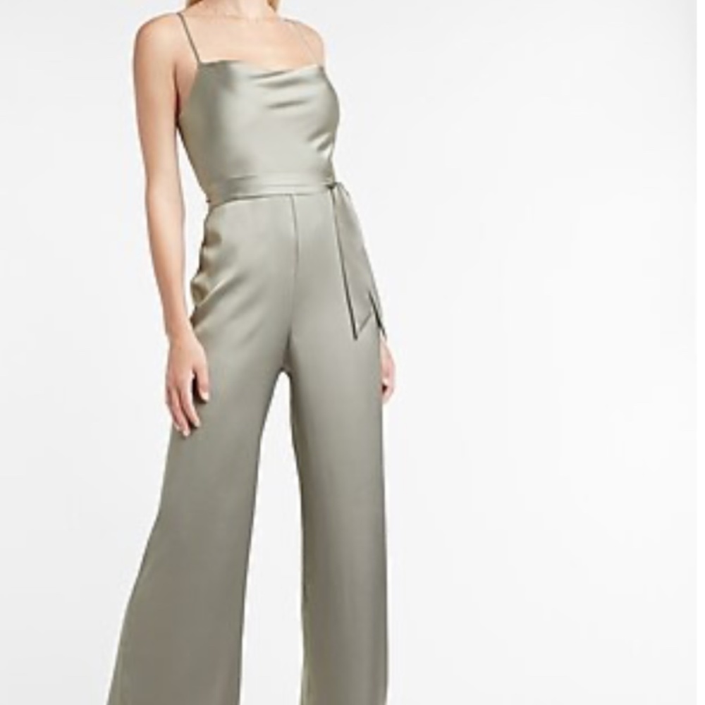 Satin Belted Cowl Neck Wide Leg Jumpsuit